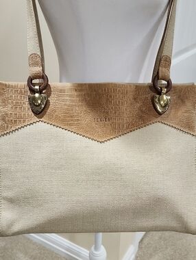 Texier Beige Canvas & Tan Leather Trim Tote
